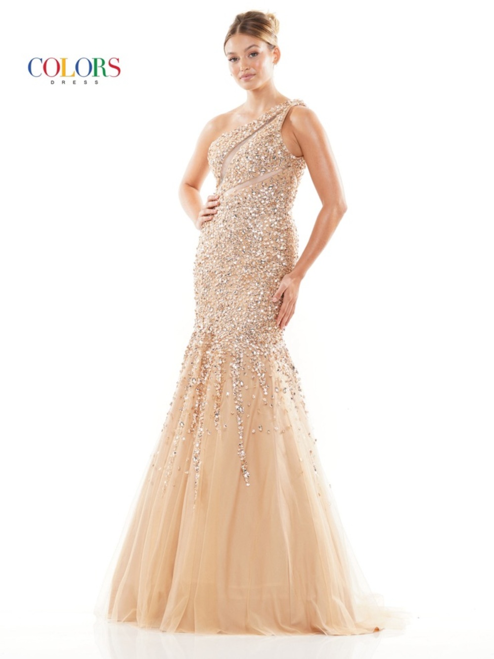Colors Dress One-Shoulder Sequin Mermaid Gown in Champagne